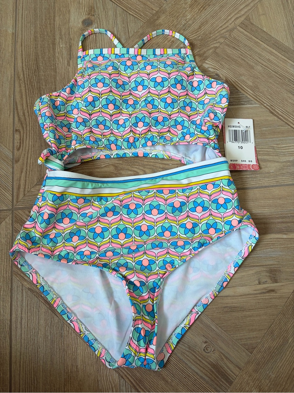 Hobie Girls Keyhole Side Tie One Piece Swimsuit Size 10 Floral Retro Beach